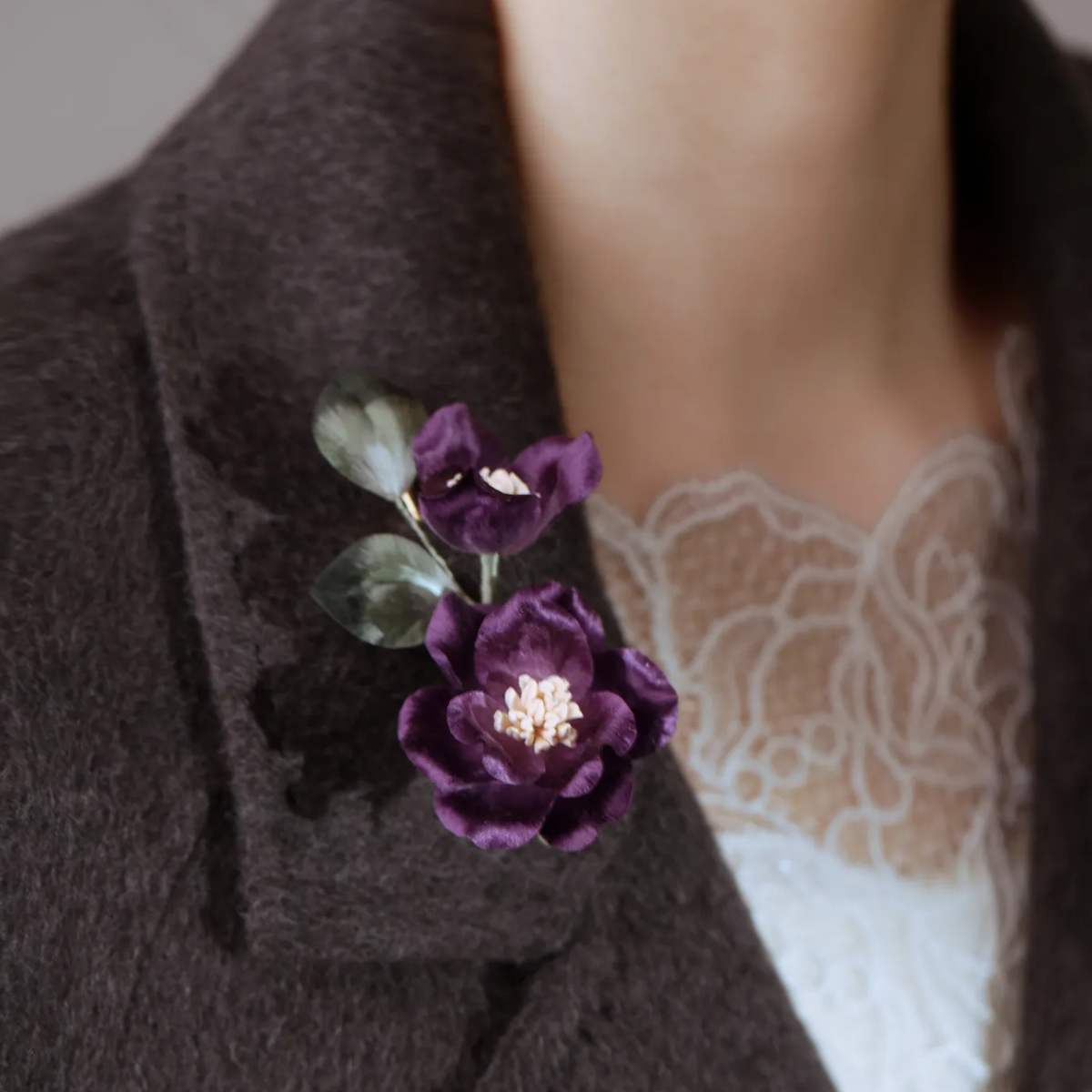 Handmade Purple Camellia Flower Brooch | 100% Silk Thread Ronghua Botanical Jewelry | Nature Inspired Floral Art Gift