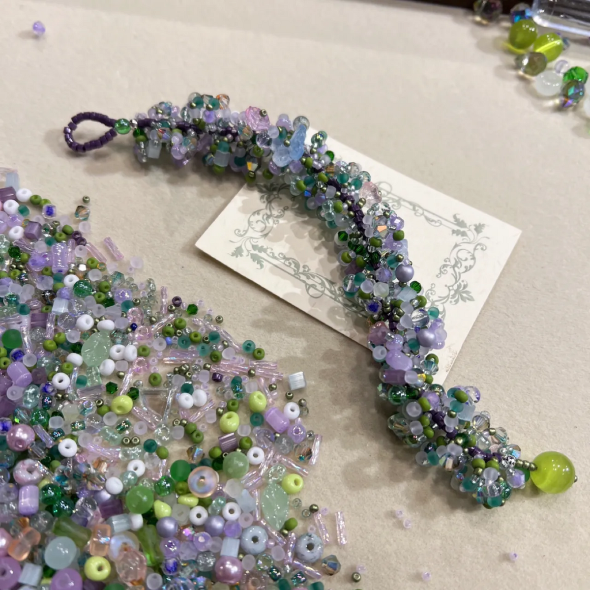 Handwoven Beaded Bracelet, Handmade Crochet Jewelry with Purple and Green Botanical Tones, Fairycore Nature Inspired Bracelet Gift for Her