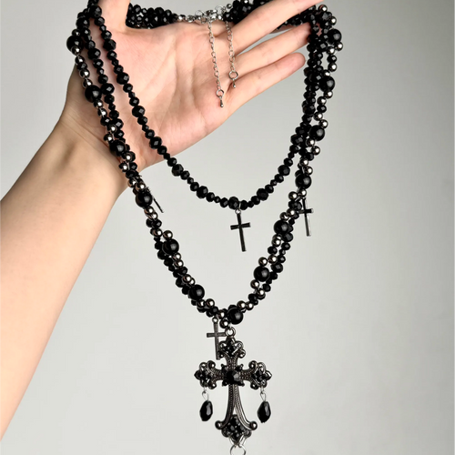 Dark Gothic Black Beaded Cross Necklace Set, Handmade Layered Punk Rock Jewelry, Vintage Romantic Statement Necklace Gift for Her