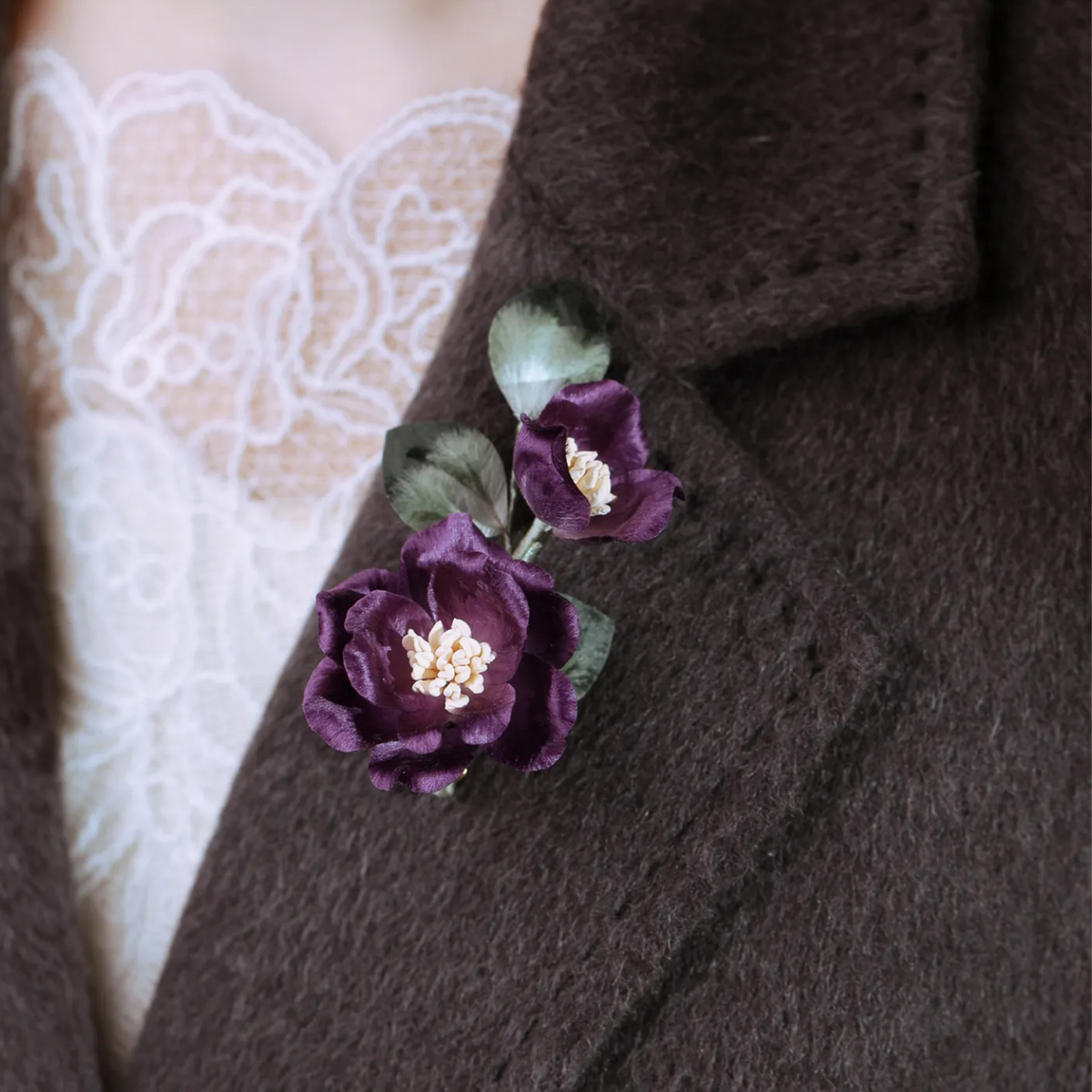 Handmade Purple Camellia Flower Brooch | 100% Silk Thread Ronghua Botanical Jewelry | Nature Inspired Floral Art Gift