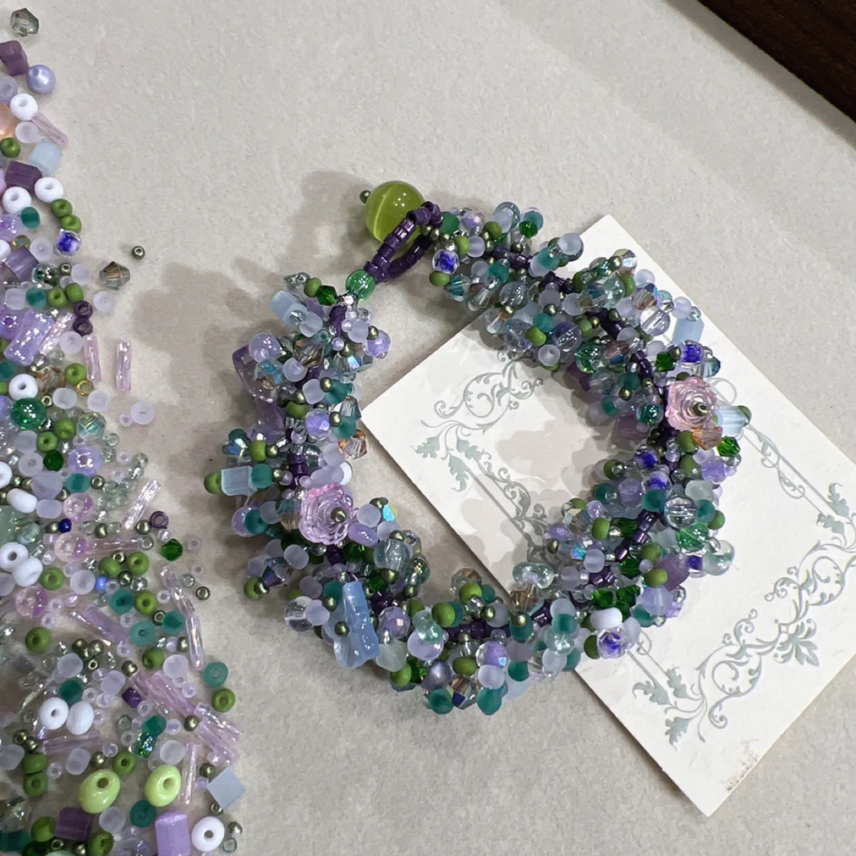 Handwoven Beaded Bracelet, Handmade Crochet Jewelry with Purple and Green Botanical Tones, Fairycore Nature Inspired Bracelet Gift for Her