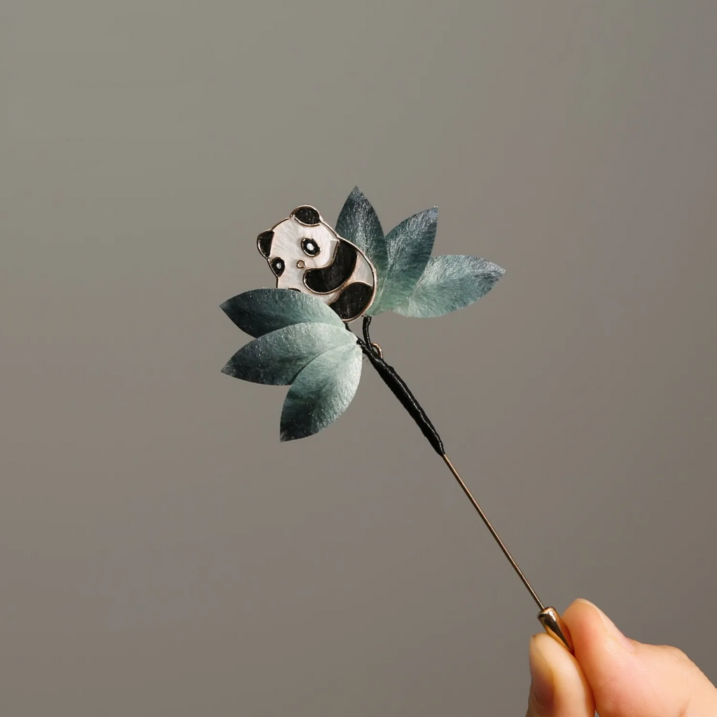 Handmade Panda & Bamboo Brooch – Traditional Ronghua Silk Thread Botanical Jewelry, Nature Inspired Wearable Art & Meaningful Gift