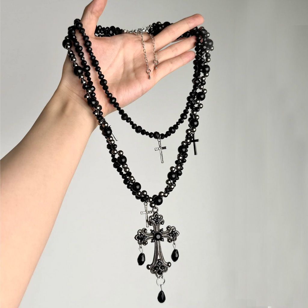Dark Gothic Black Beaded Cross Necklace Set, Handmade Layered Punk Rock Jewelry, Vintage Romantic Statement Necklace Gift for Her