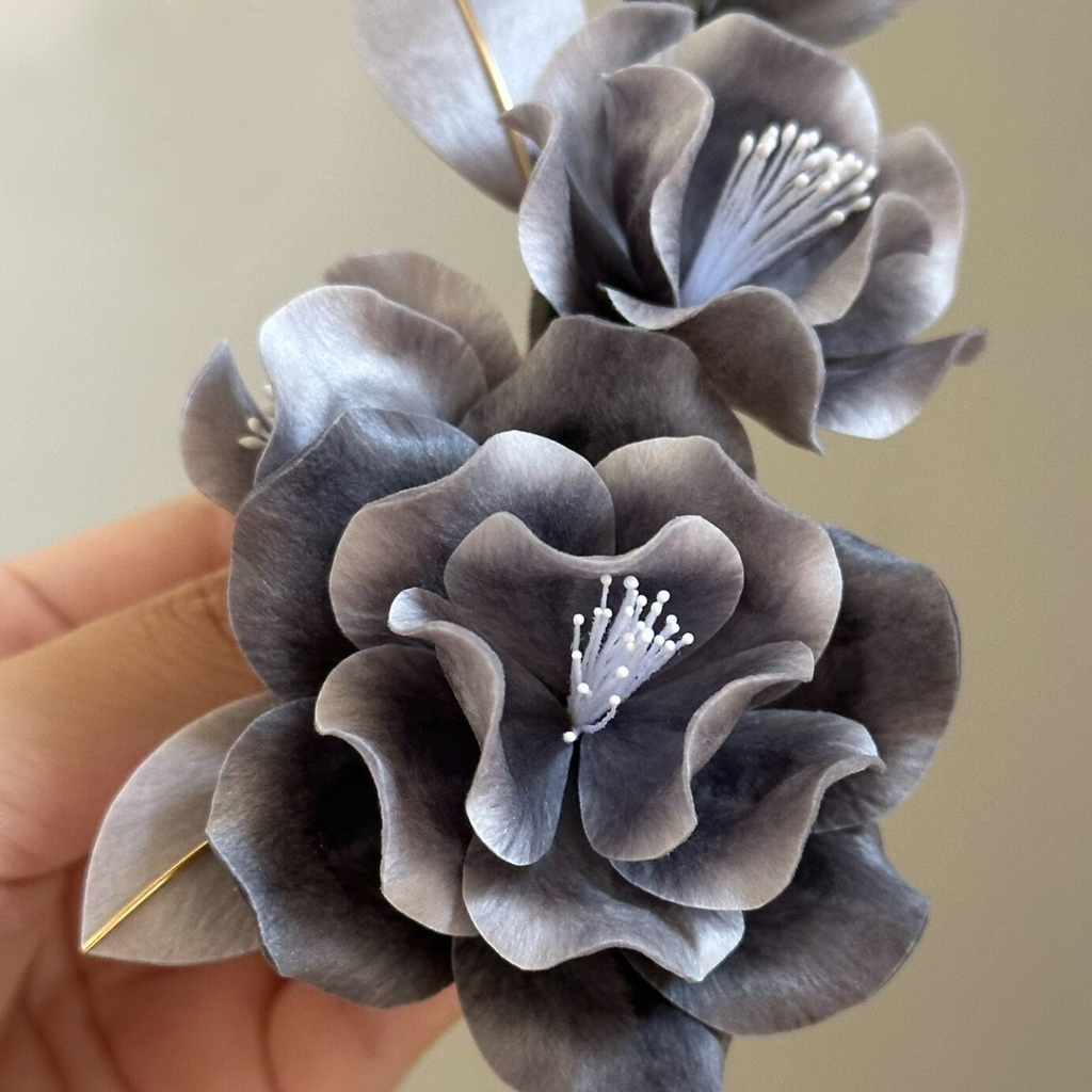 Smoky Gray Camellia Blossom Brooch – Handmade Silk Thread Ronghua Botanical Jewelry, Nature Inspired Wearable Flower Art & Gift