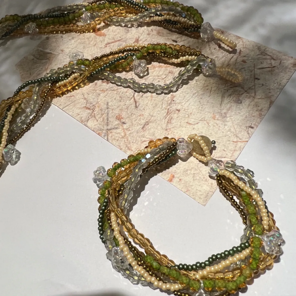 Forest Green Beaded Bracelet, Handmade Botanical Jewelry with Natural Tones, Cottagecore Inspired Layered Bracelet Gift for Her