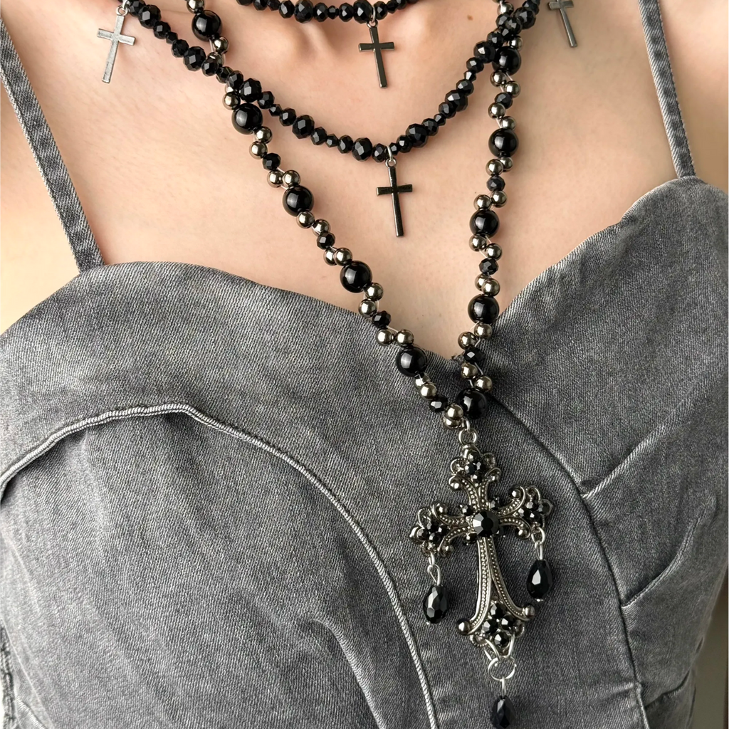 Dark Gothic Black Beaded Cross Necklace Set, Handmade Layered Punk Rock Jewelry, Vintage Romantic Statement Necklace Gift for Her