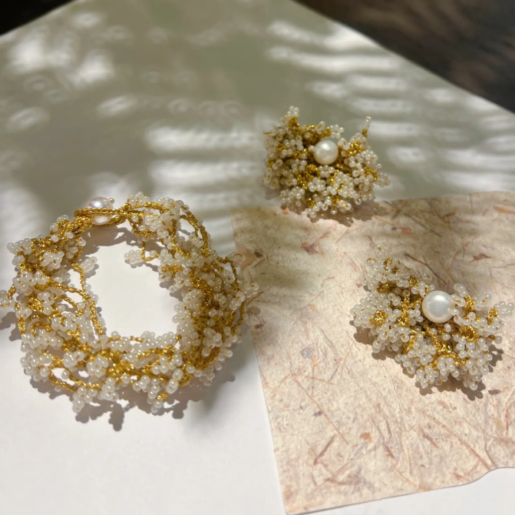 Intricate Handwoven Pearl Beaded Jewelry Set, Handmade Crochet Earrings and Bracelet, Romantic Vintage Inspired Statement Accessories Gift for Her