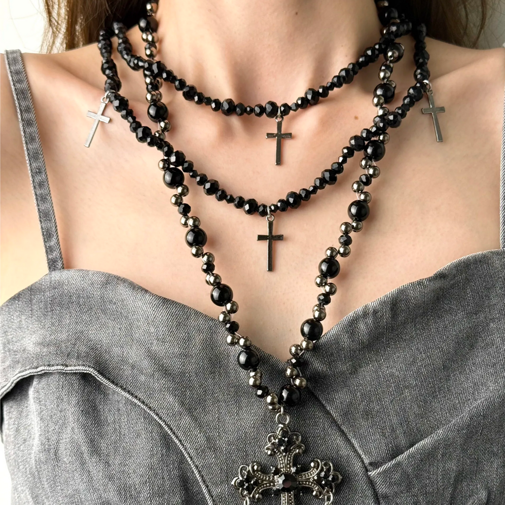 Dark Gothic Black Beaded Cross Necklace Set, Handmade Layered Punk Rock Jewelry, Vintage Romantic Statement Necklace Gift for Her