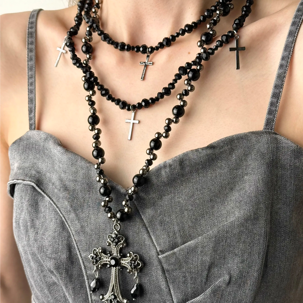 Dark Gothic Black Beaded Cross Necklace Set, Handmade Layered Punk Rock Jewelry, Vintage Romantic Statement Necklace Gift for Her