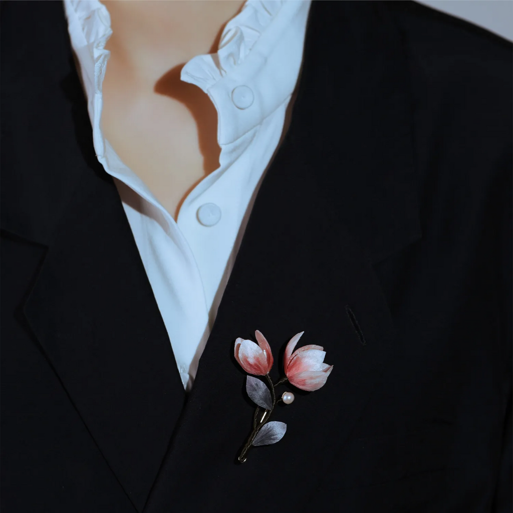 Magnolia Blossom Brooch | Handmade Silk Flower Art Inspired by Spring Nature | Traditional Ronghua Craft Jewelry