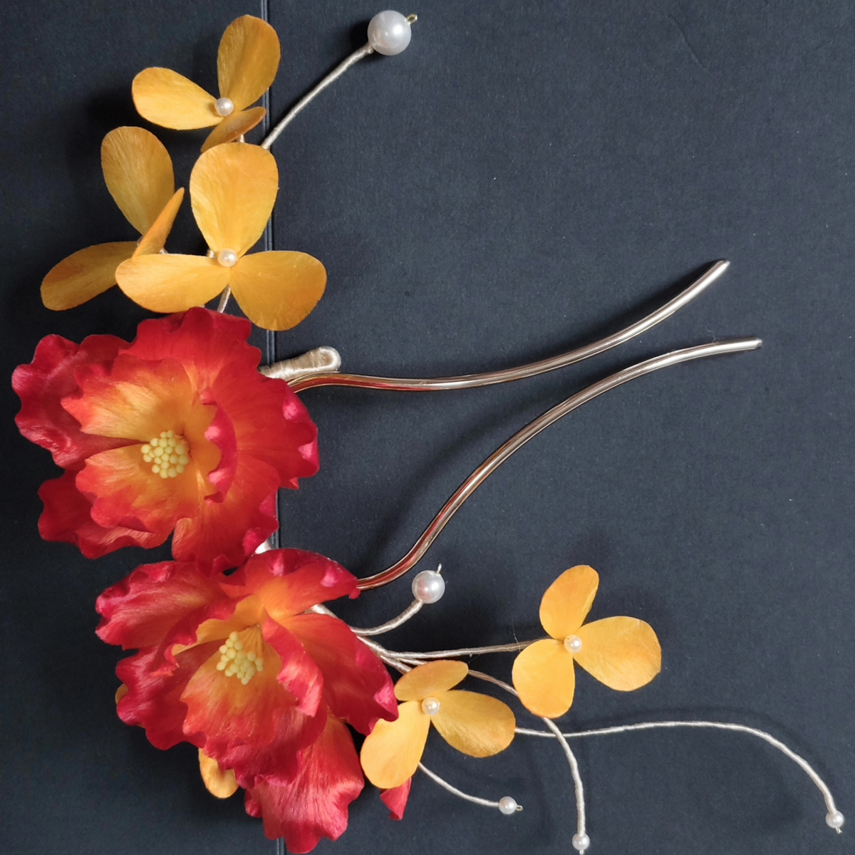Handmade Red & Gold Floral Brooch & Hairpin – Silk Thread Ronghua Flower Jewelry, Nature Inspired Botanical Wearable Art Gift