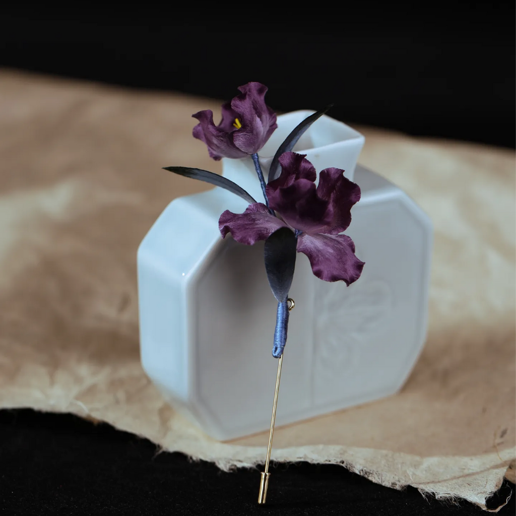 Handmade Purple Iris Flower Brooch | 100% Silk Thread Botanical Jewelry | Ronghua Traditional Craft Floral Gift for Nature Lovers