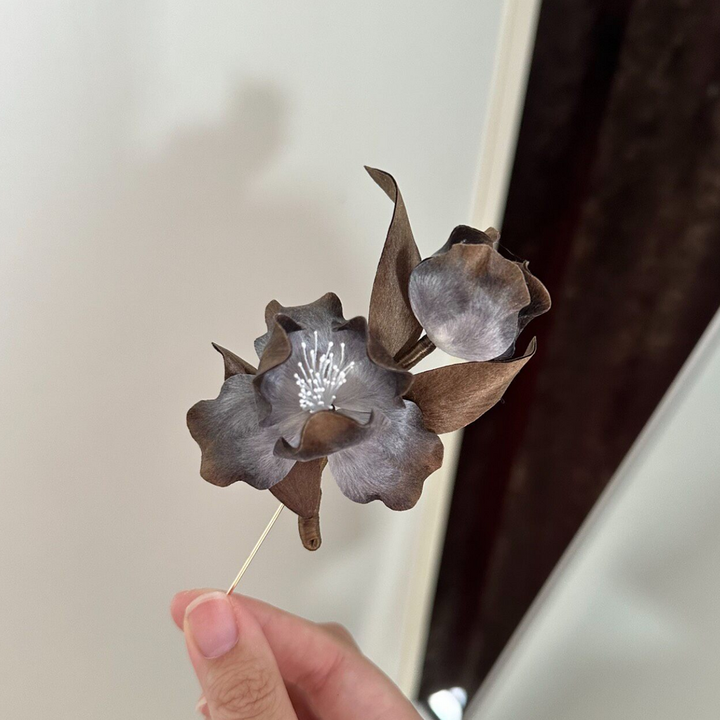 Shadow Iris Brooch – Handmade Black & Silver Silk Thread Ronghua Flower Jewelry, Nature Inspired Botanical Wearable Art Gift