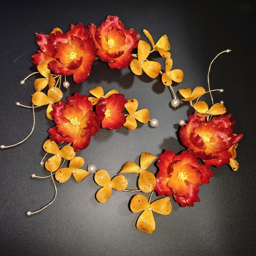Handmade Red & Gold Floral Brooch & Hairpin – Silk Thread Ronghua Flower Jewelry, Nature Inspired Botanical Wearable Art Gift