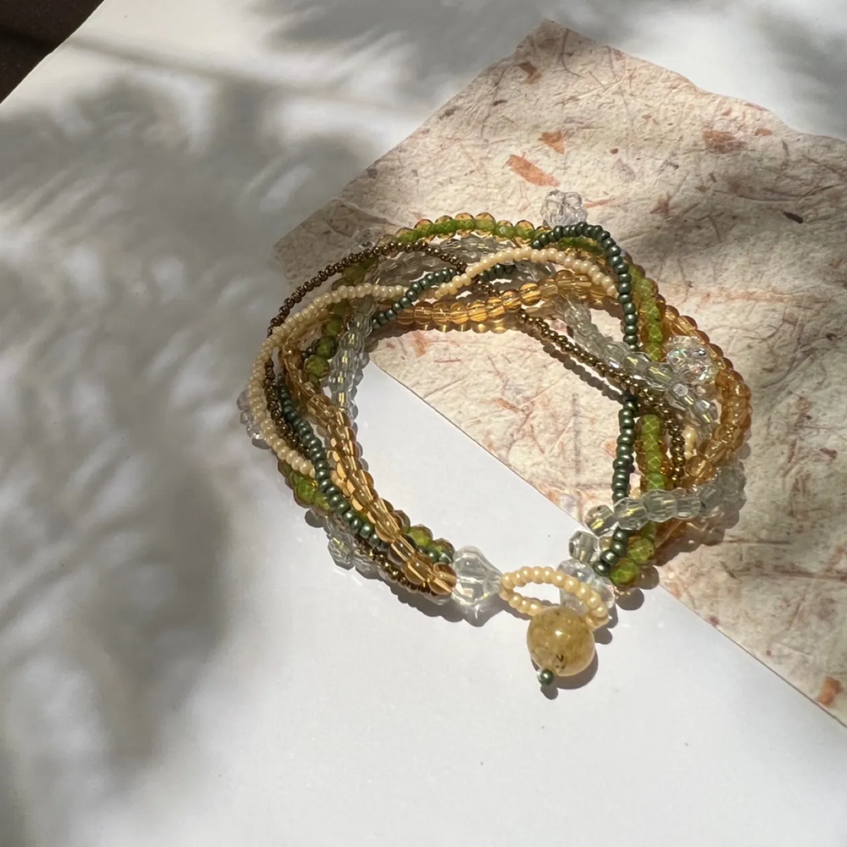 Forest Green Beaded Bracelet, Handmade Botanical Jewelry with Natural Tones, Cottagecore Inspired Layered Bracelet Gift for Her