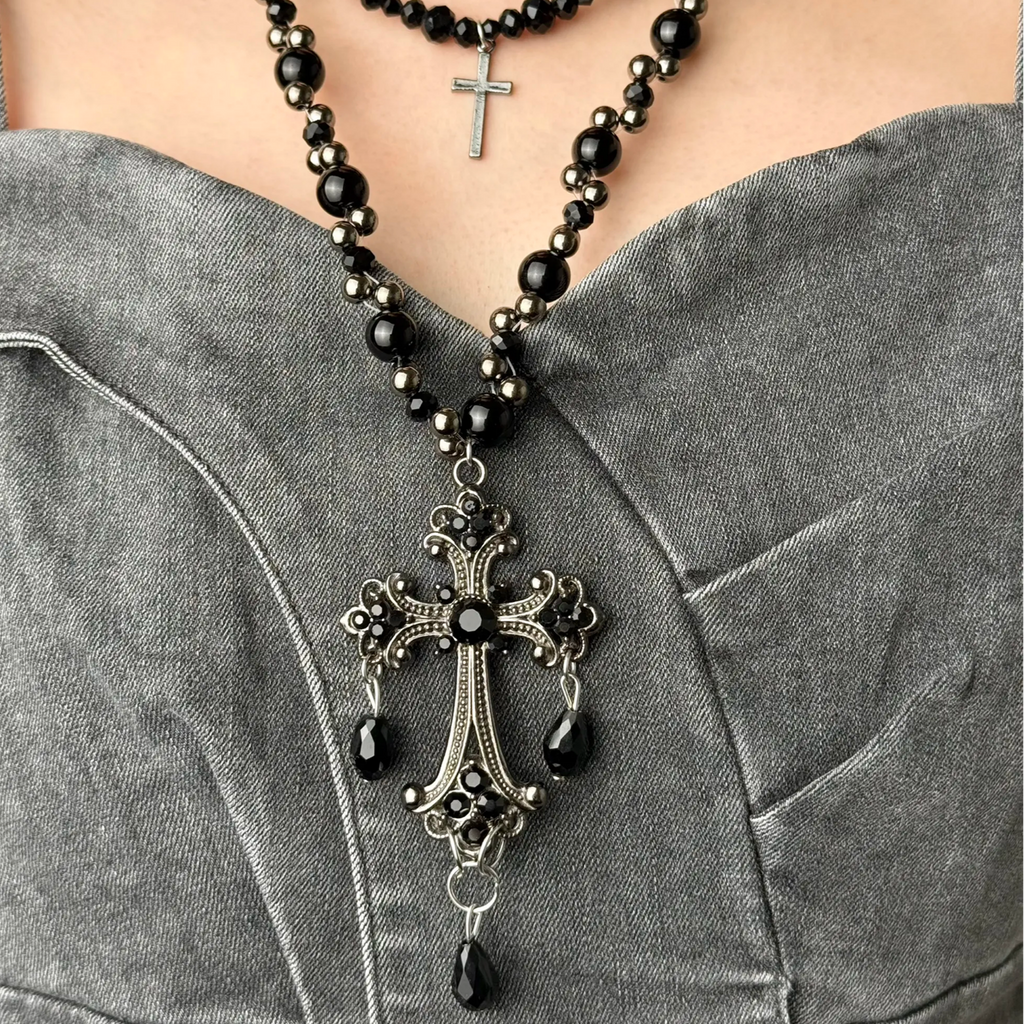 Dark Gothic Black Beaded Cross Necklace Set, Handmade Layered Punk Rock Jewelry, Vintage Romantic Statement Necklace Gift for Her