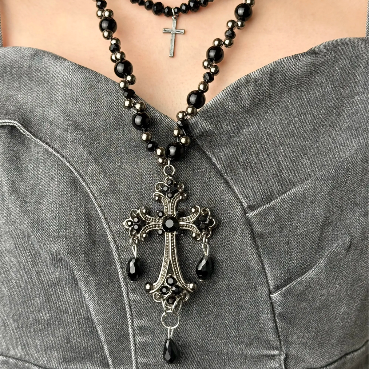 Dark Gothic Black Beaded Cross Necklace Set, Handmade Layered Punk Rock Jewelry, Vintage Romantic Statement Necklace Gift for Her