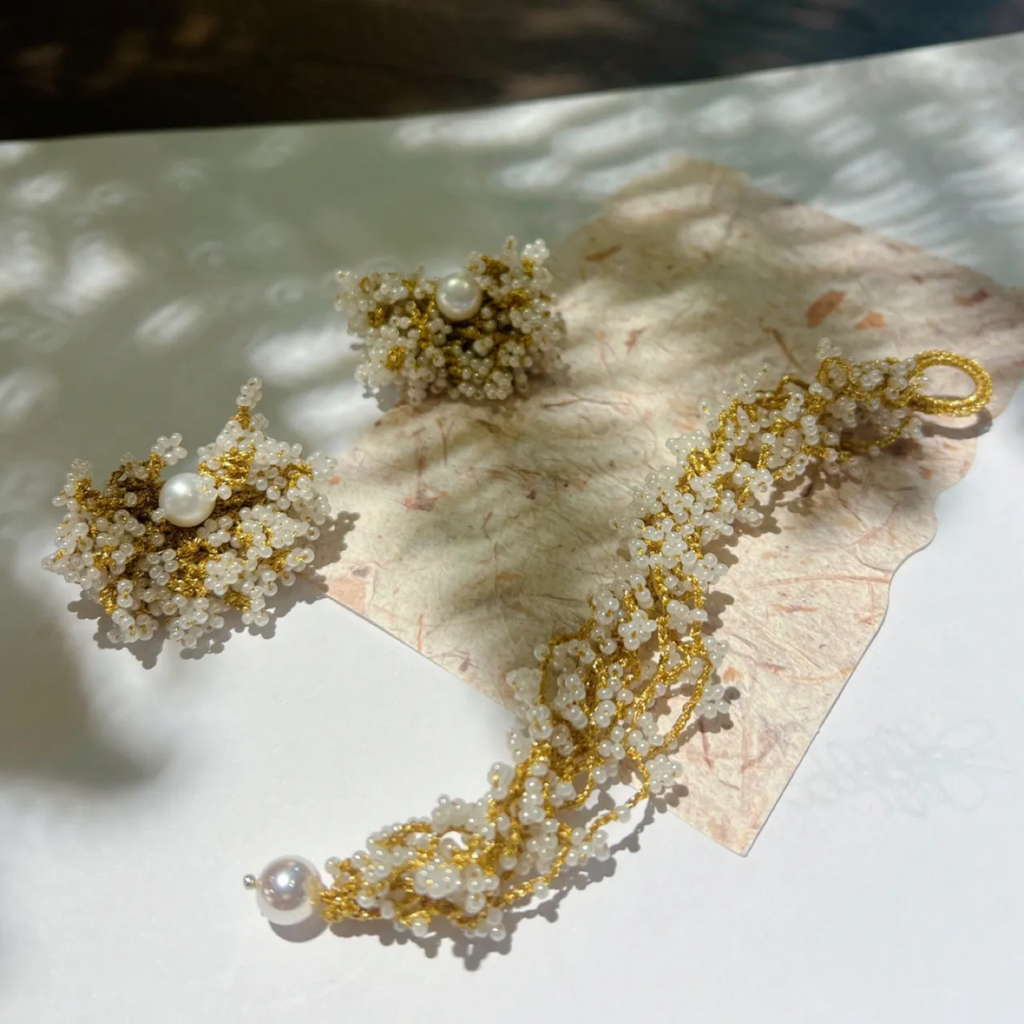 Intricate Handwoven Pearl Beaded Jewelry Set, Handmade Crochet Earrings and Bracelet, Romantic Vintage Inspired Statement Accessories Gift for Her