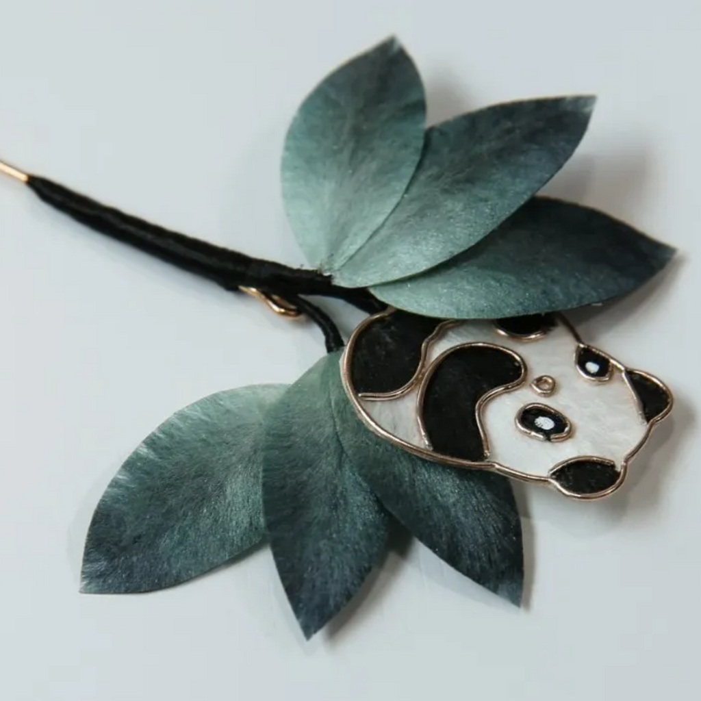 Handmade Panda & Bamboo Brooch – Traditional Ronghua Silk Thread Botanical Jewelry, Nature Inspired Wearable Art & Meaningful Gift