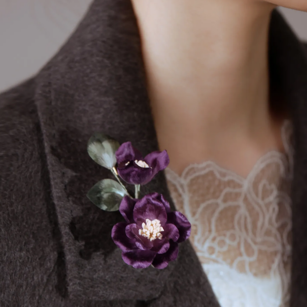 Handmade Purple Camellia Flower Brooch | 100% Silk Thread Ronghua Botanical Jewelry | Nature Inspired Floral Art Gift