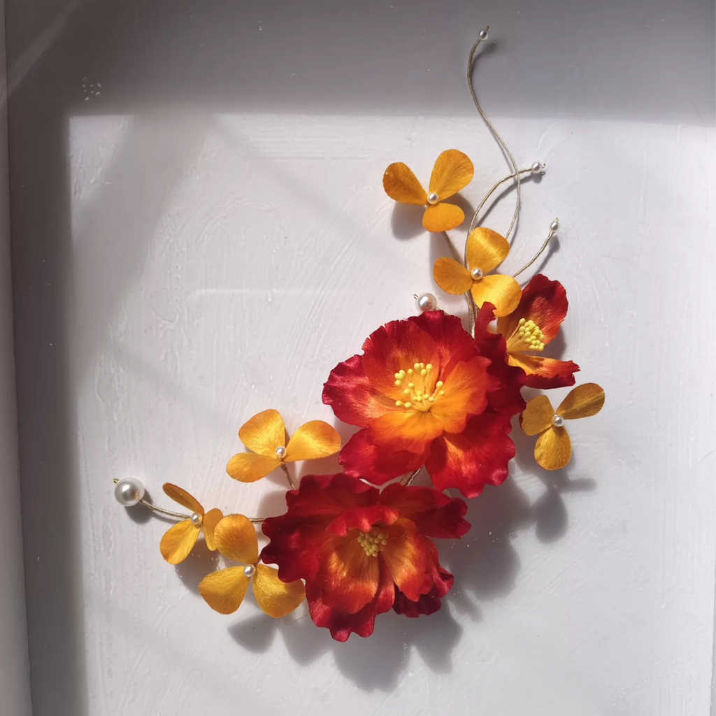 Handmade Red & Gold Floral Brooch & Hairpin – Silk Thread Ronghua Flower Jewelry, Nature Inspired Botanical Wearable Art Gift