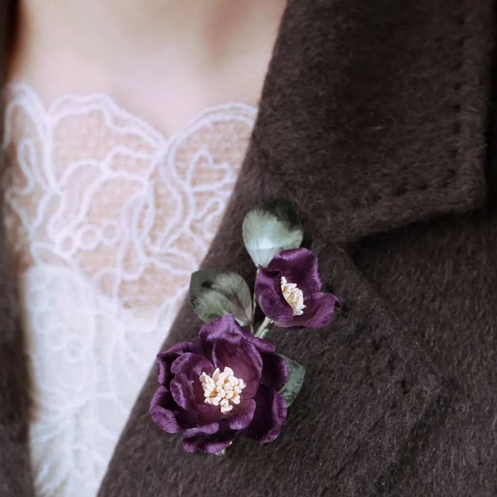 Handmade Purple Camellia Flower Brooch | 100% Silk Thread Ronghua Botanical Jewelry | Nature Inspired Floral Art Gift