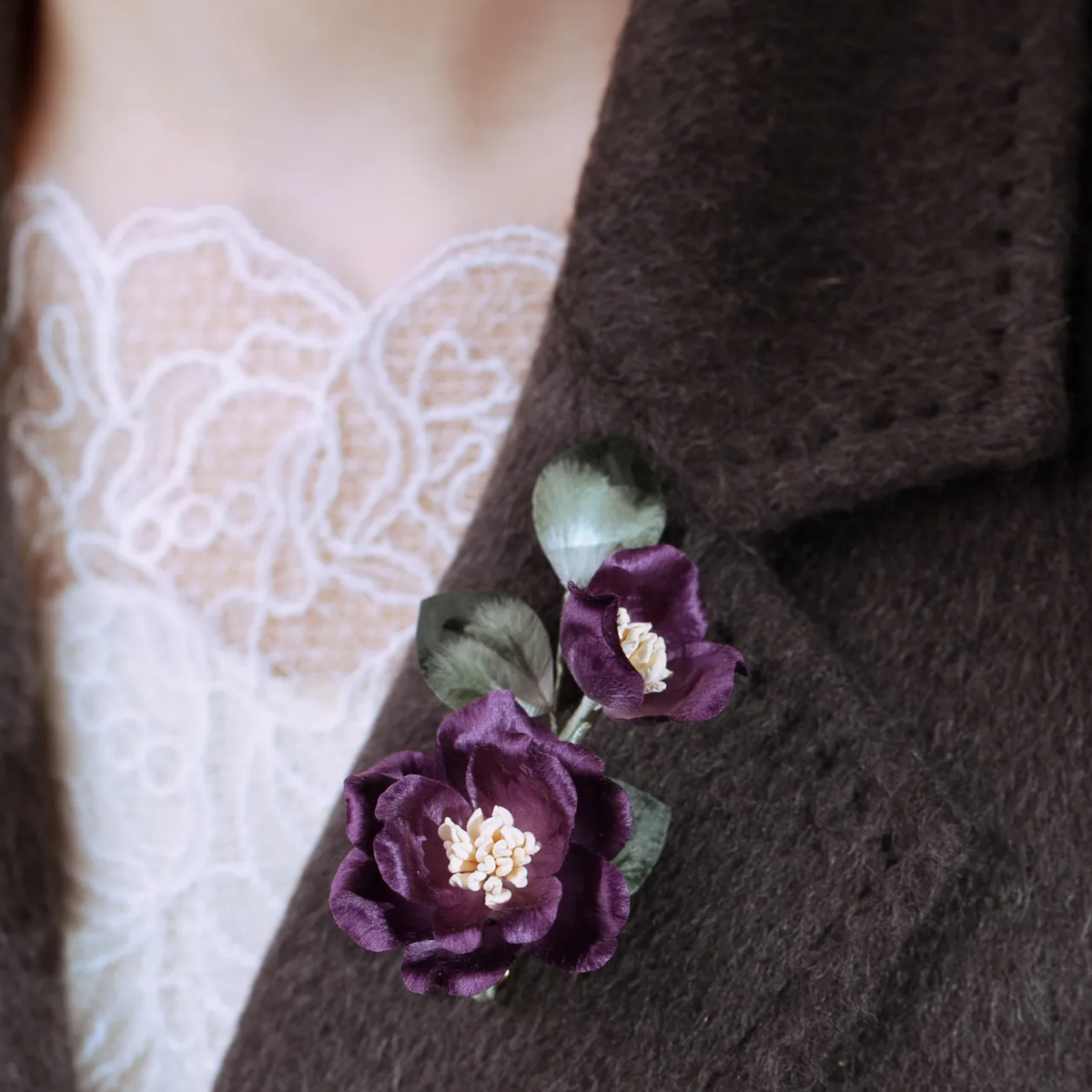 Handmade Purple Camellia Flower Brooch | 100% Silk Thread Ronghua Botanical Jewelry | Nature Inspired Floral Art Gift
