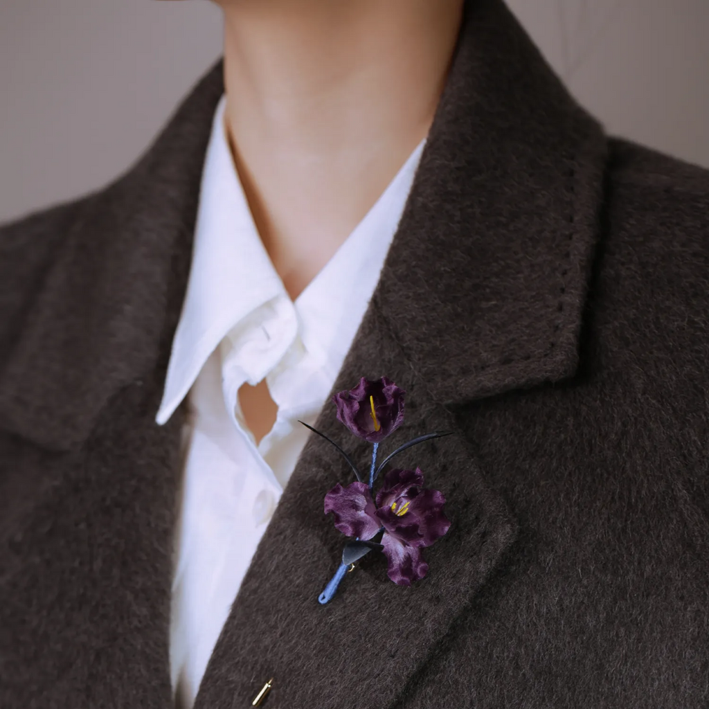 Handmade Purple Iris Flower Brooch | 100% Silk Thread Botanical Jewelry | Ronghua Traditional Craft Floral Gift for Nature Lovers