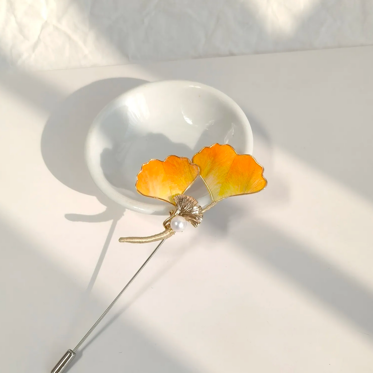 Handmade Ginkgo Leaf Brooch & Hairpin – Botanical Wearable Art Inspired by Nature, Traditional Ronghua Silk Thread Craft, Golden Leaf Jewelry & Meaningful Handmade Gift
