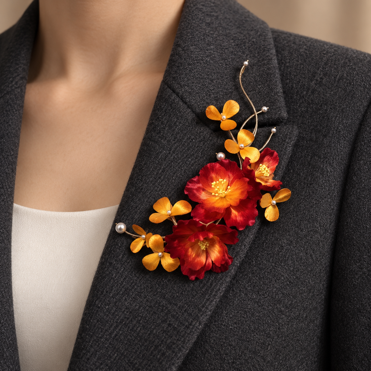 Handmade Red & Gold Floral Brooch & Hairpin – Silk Thread Ronghua Flower Jewelry, Nature Inspired Botanical Wearable Art Gift