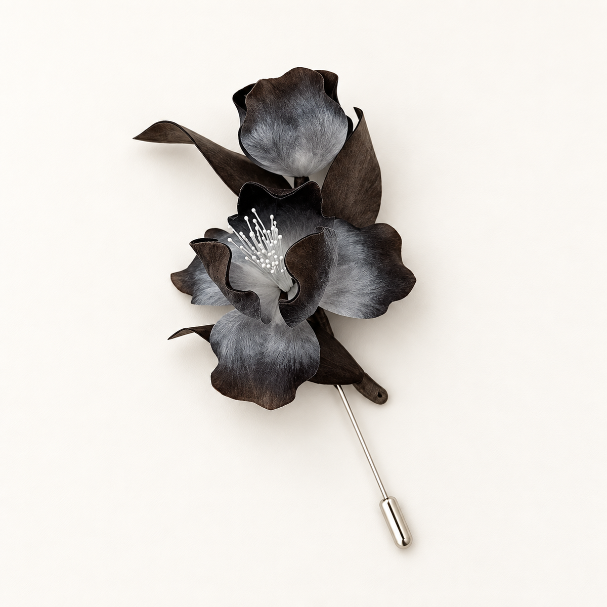 Shadow Iris Brooch – Handmade Black & Silver Silk Thread Ronghua Flower Jewelry, Nature Inspired Botanical Wearable Art Gift