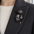 Shadow Iris Brooch – Handmade Black & Silver Silk Thread Ronghua Flower Jewelry, Nature Inspired Botanical Wearable Art Gift
