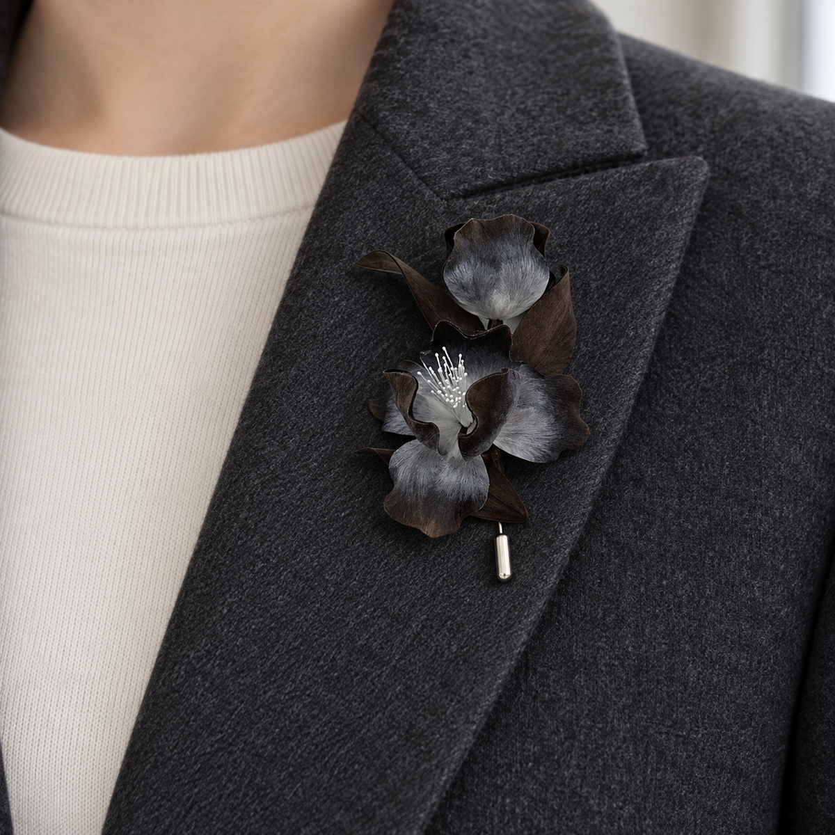Shadow Iris Brooch – Handmade Black & Silver Silk Thread Ronghua Flower Jewelry, Nature Inspired Botanical Wearable Art Gift