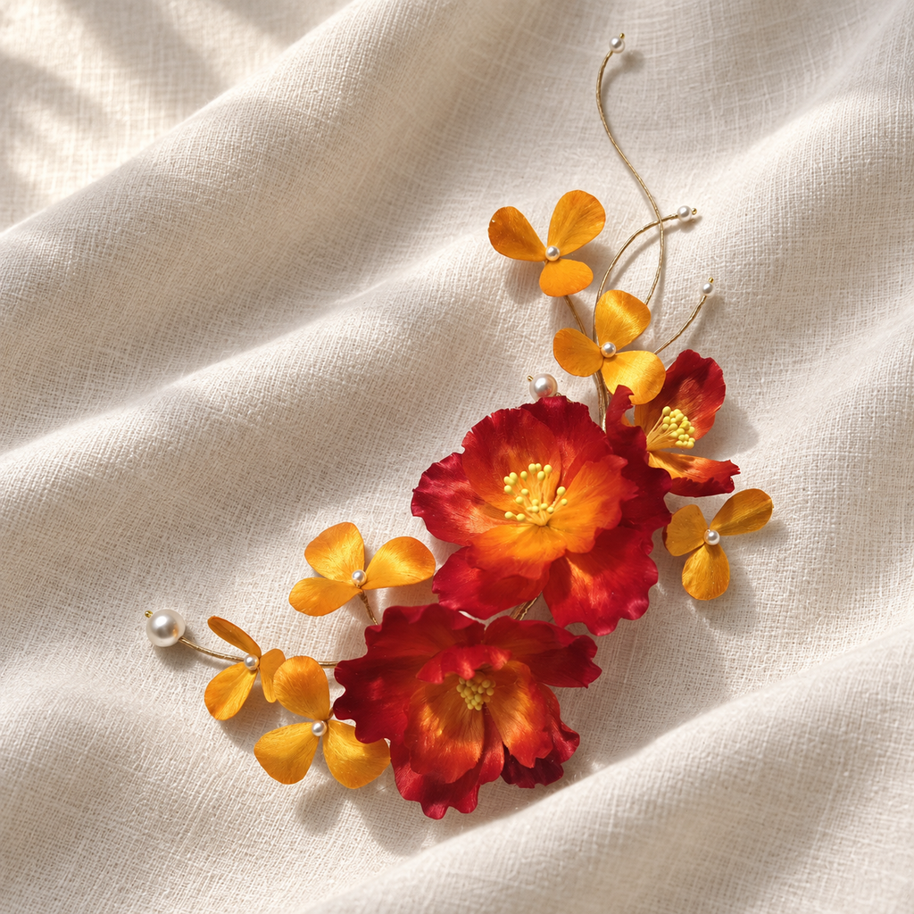 Handmade Red & Gold Floral Brooch & Hairpin – Silk Thread Ronghua Flower Jewelry, Nature Inspired Botanical Wearable Art Gift