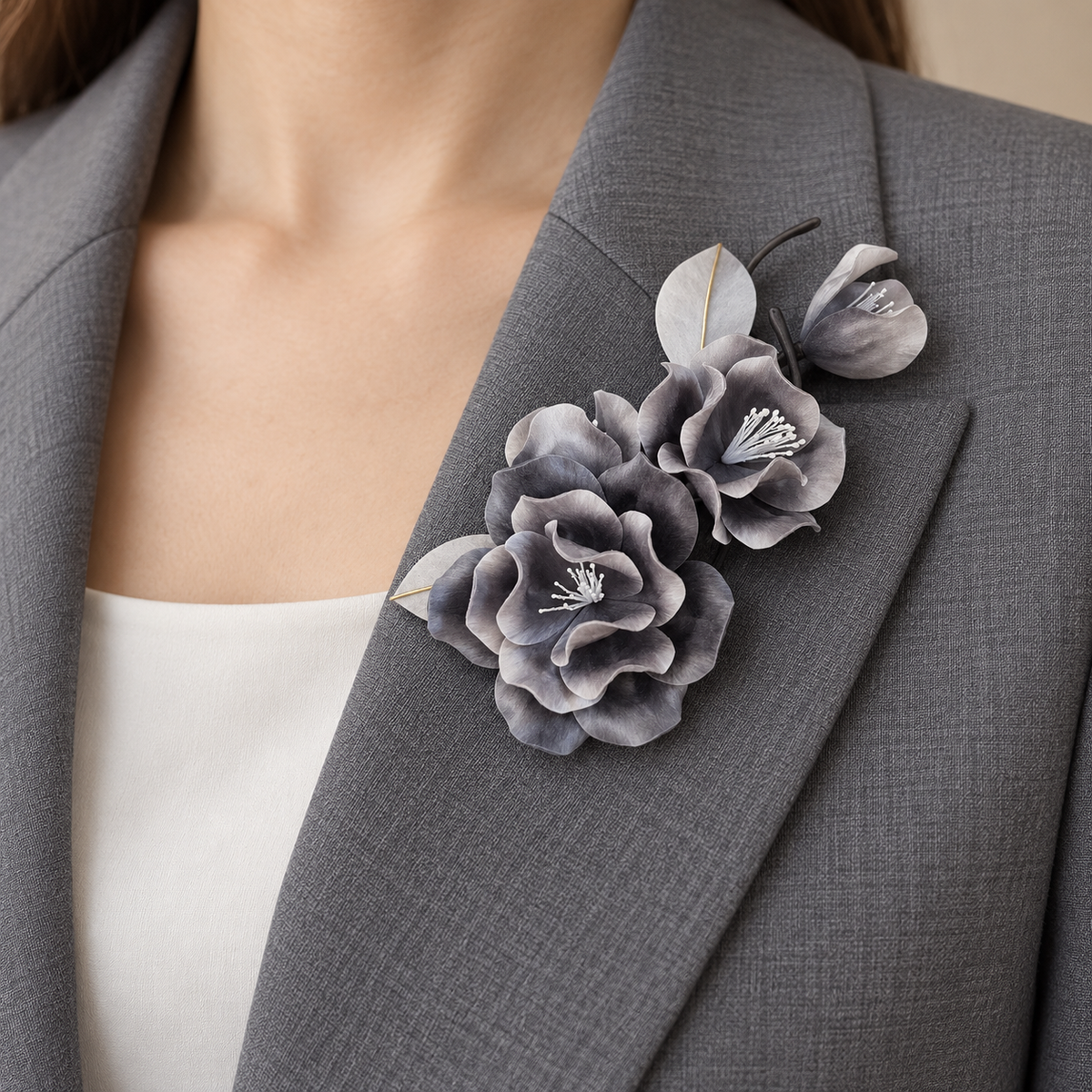 Smoky Gray Camellia Blossom Brooch – Handmade Silk Thread Ronghua Botanical Jewelry, Nature Inspired Wearable Flower Art & Gift