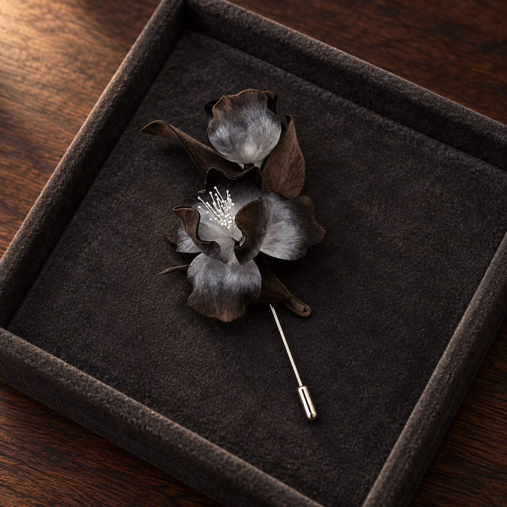Shadow Iris Brooch – Handmade Black & Silver Silk Thread Ronghua Flower Jewelry, Nature Inspired Botanical Wearable Art Gift