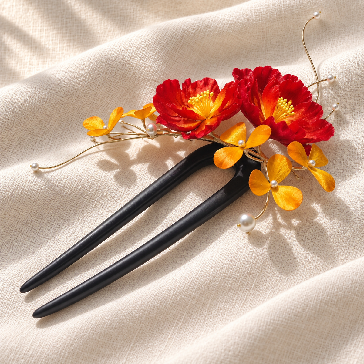 Handmade Red & Gold Floral Brooch & Hairpin – Silk Thread Ronghua Flower Jewelry, Nature Inspired Botanical Wearable Art Gift