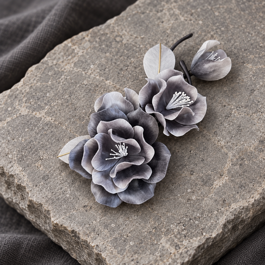 Smoky Gray Camellia Blossom Brooch – Handmade Silk Thread Ronghua Botanical Jewelry, Nature Inspired Wearable Flower Art & Gift
